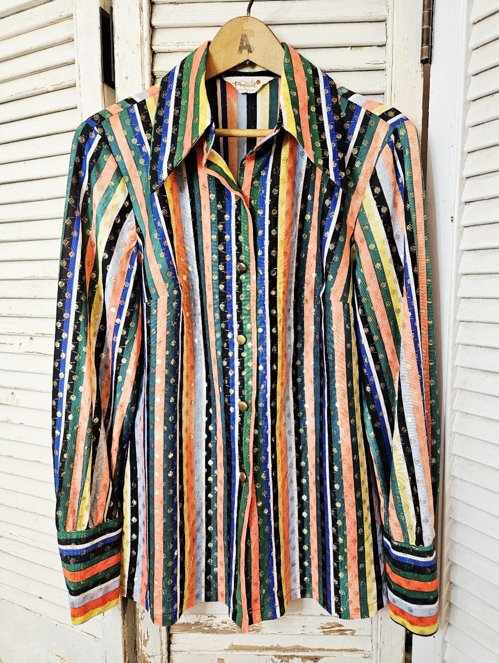Vintage 70s Dagger Collar Rainbow And Gold Metallic Stripe Blouse Medium